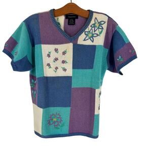 Vintage 90s Eagles Eye Short Sleeve Knit Sweater, Size S, Cottage Retro Floral